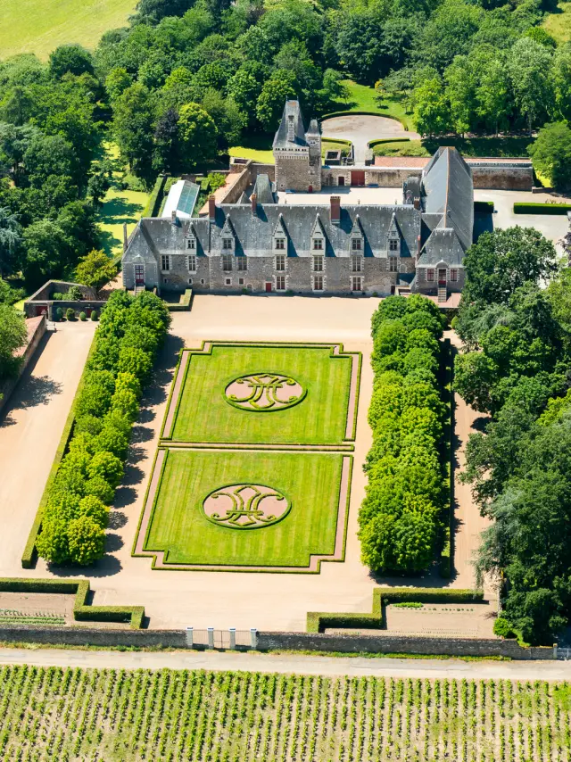 Aerial photo of the chateau de Goulaine on the edge of the Goulaine marshes.
