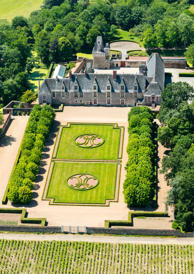 Aerial photo of the chateau de Goulaine on the edge of the Goulaine marshes.