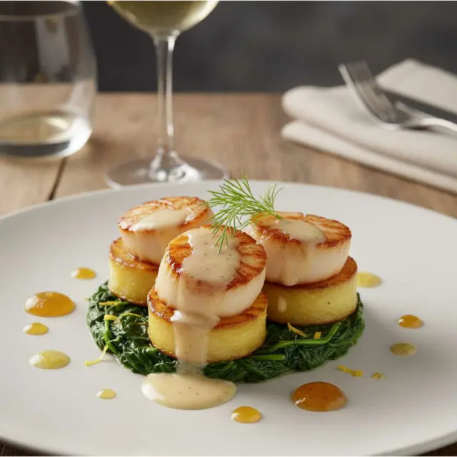 Accords Muscadet repas de fêtes : 3 recettes d'hiver qui subliment nos crus communaux. Ici, Recette Saint Jacques Flambees avec le Cru Monnières-Saint-Fiacre. Proposé par le Best Western Villa Saint-Antoine de Clisson