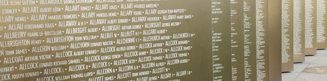 Names of fallen soldiers engraved on the panels of the Ring of Remembrance