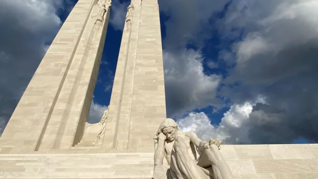 Two towering pylons reach skyward, representing Canada and France Of Canadian National Vimy Memorial