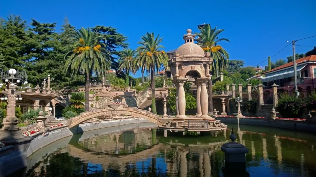Imperia, Italy - September 12, 2014: the pond and the decorative composition of Villa Grock on sunny weather