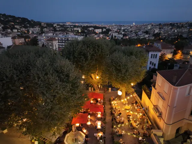 Aerial view of Place Bellevue in Le Cannet, a summer evening