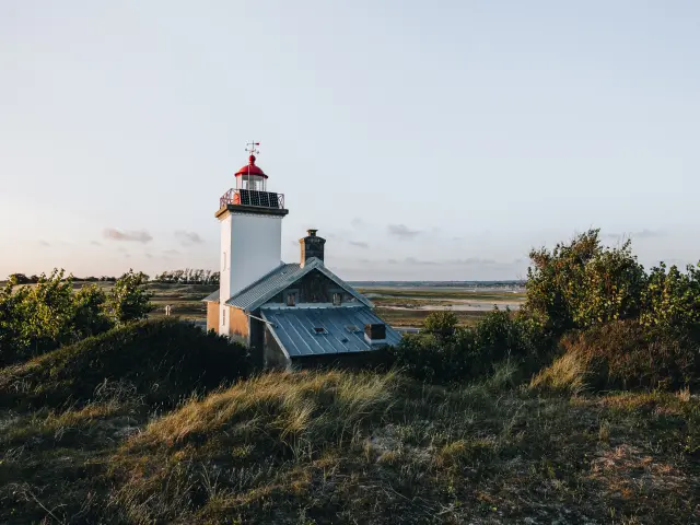 Phare blanc avec une lanterne rouge au sommet, situé sur une colline herbeuse