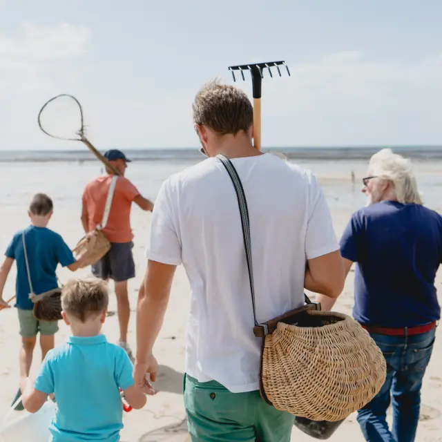 A family walking on the beach with tools to search for shells