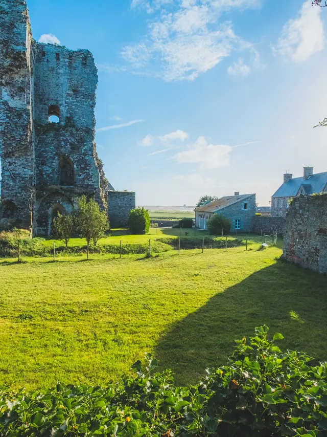 Ruines d'un château médiéval avec des bâtiments modernes à proximité