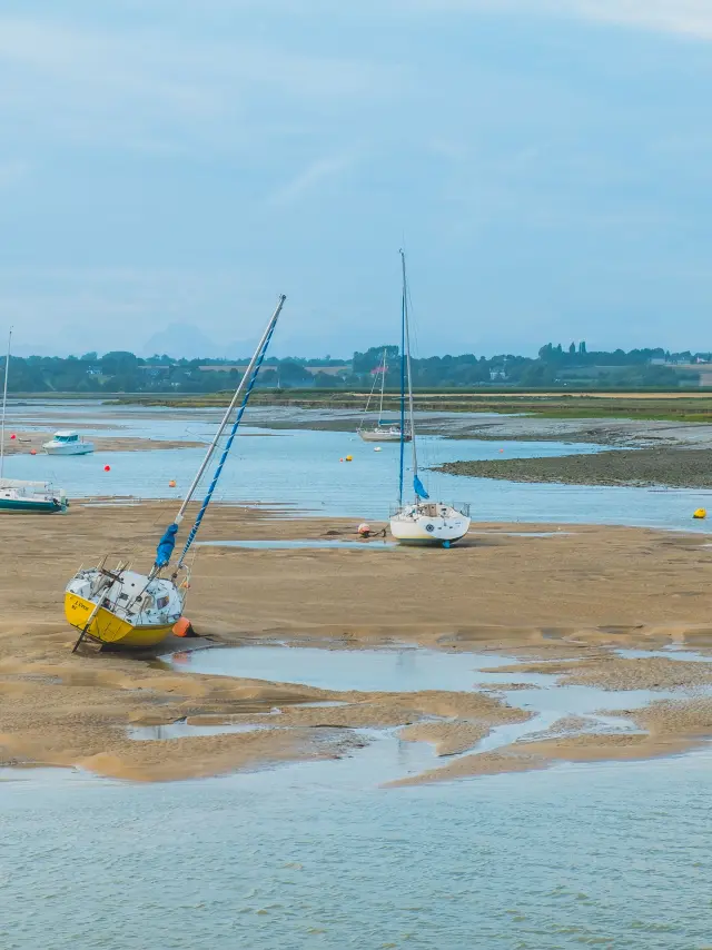 Plusieurs bateaux échoués sur une plage de vase avec de l'eau peu profonde