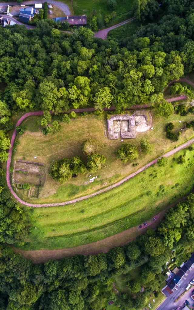 Vue aérienne d'une colline boisée avec des sentiers et des structures en pierre
