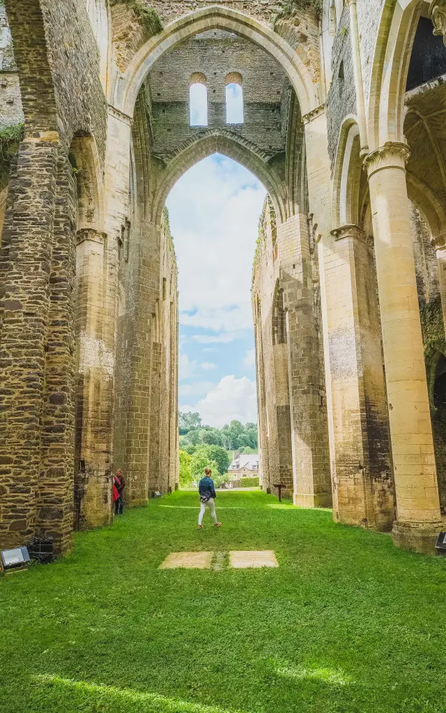 Intérieur des ruines de l'abbaye de Hambye avec des colonnes et de la verdure