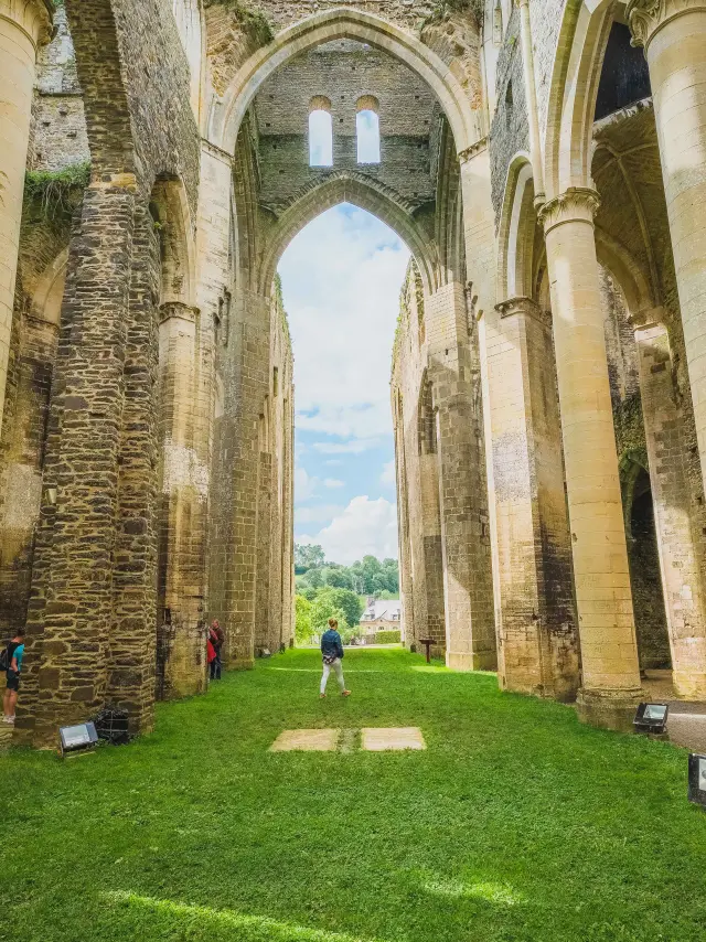 Intérieur des ruines de l'abbaye de Hambye avec des colonnes et de la verdure