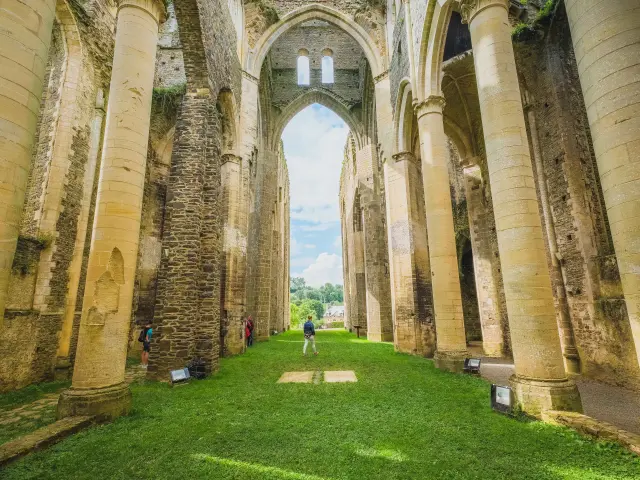 Intérieur des ruines de l'abbaye de Hambye avec des colonnes et de la verdure