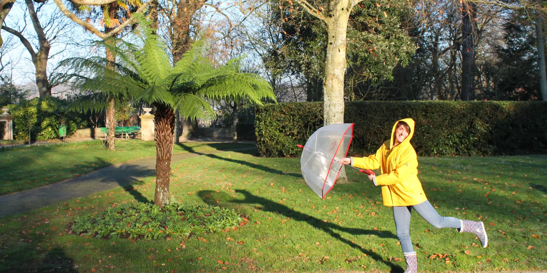 Femme en imperméable jaune tenant un parapluie transparent dans un parc