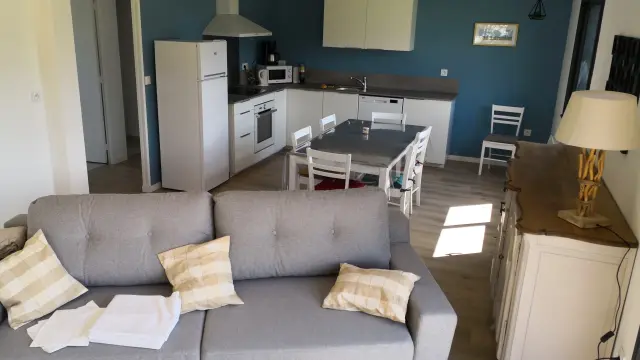 Moderner Innenraum mit Küche und Wohnzimmer, graues Sofa mit Kissen, Esstisch und Stühlen