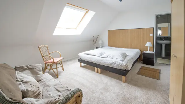 Chambre avec lit, fauteuil, et fenêtre de toit