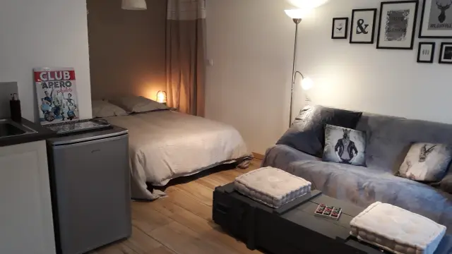 Schlafzimmer mit Bett, Sofa, Kühlschrank und Wanddekorationen
