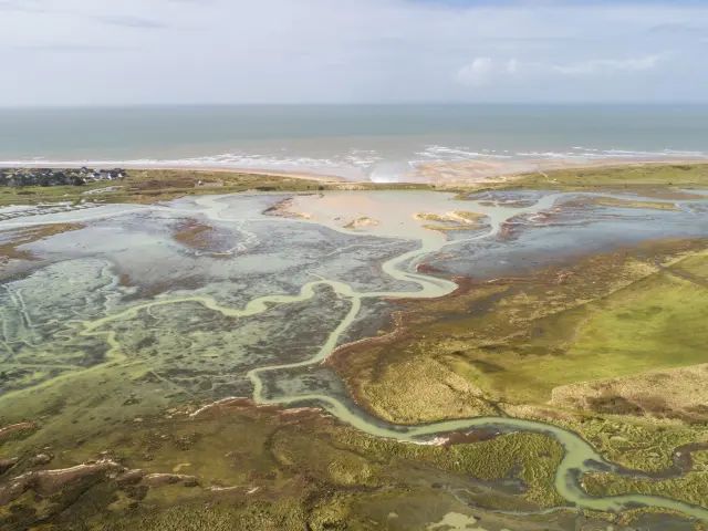 Paysage côtier avec des falaises érodées par les vagues et une plage en contrebas