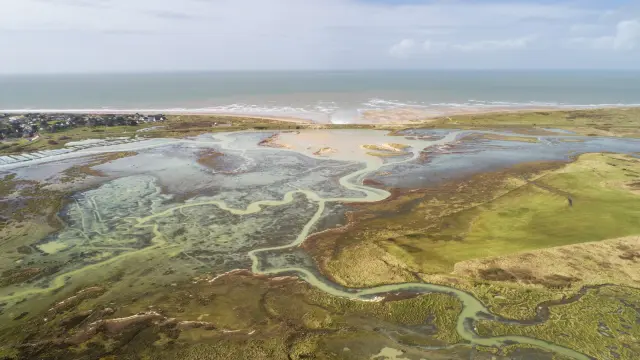 Luftaufnahme eines Hafens mit vertäuten Segelbooten und Küstengebäuden bei Einbruch der Dunkelheit