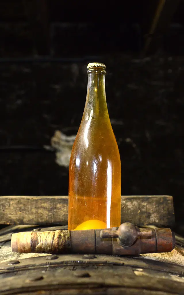 Beer bottle placed on a wooden barrel