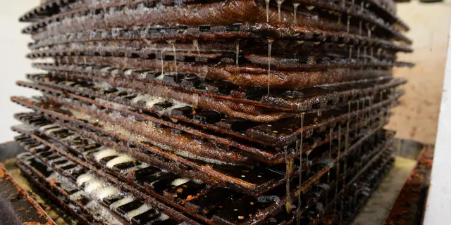 Stapel von gekochten Muscheln mit Fäden von Brühe