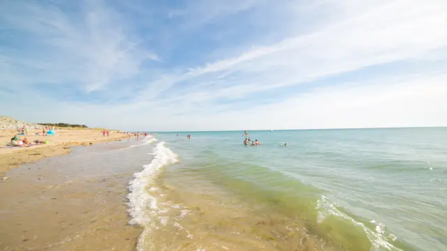 Personnes se baignant et se relaxant sur une plage de sable
