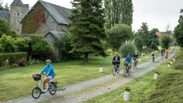 Gruppe von Radfahrern, die auf einem Weg im Park fahren