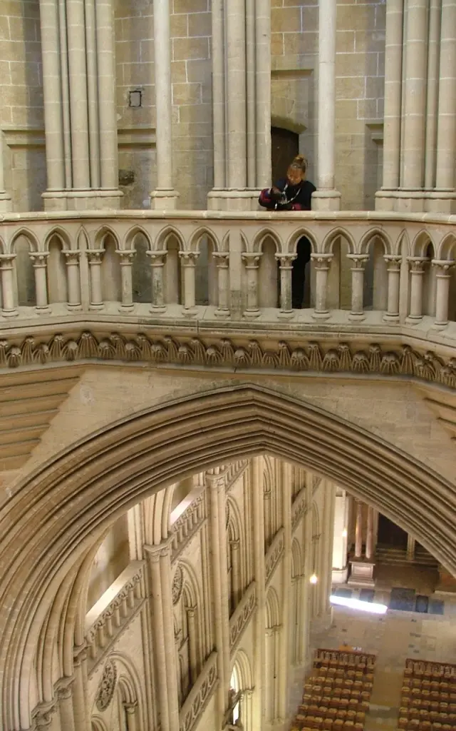 Old library with wooden shelves and a person sitting at a reading table