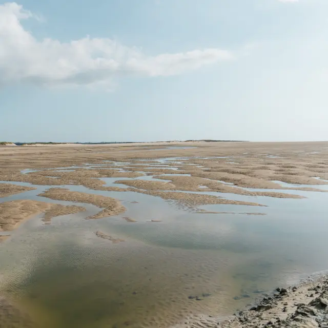 Bord de mer avec sable humide, flaques d’eau et traces de pas, sous un ciel nuageux