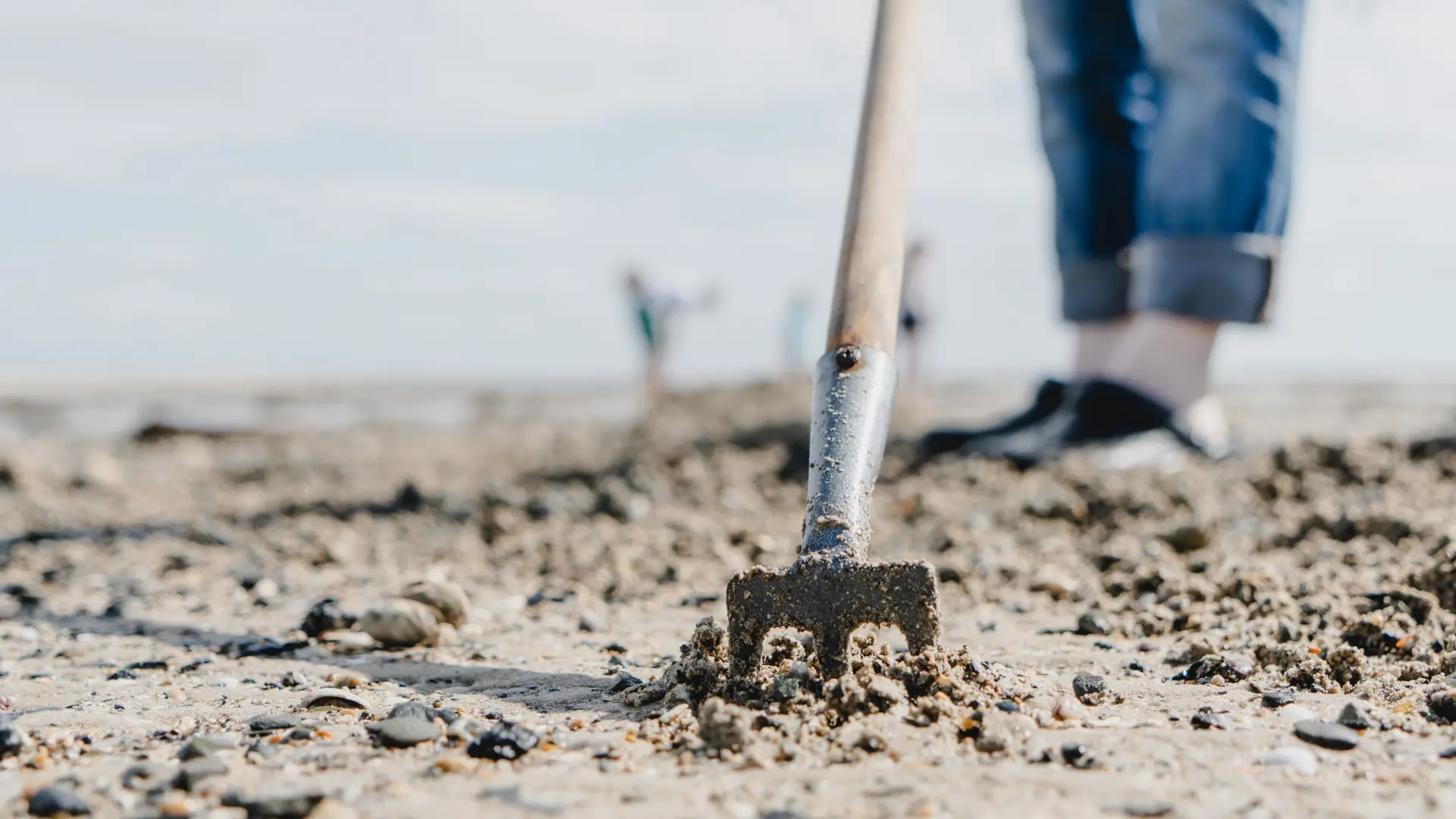 Bagger, der im Sand des Strandes gräbt