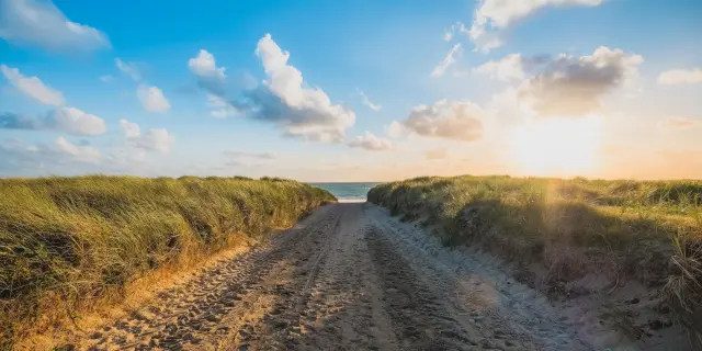 Paysage de dunes sableuses bordant une étendue d'eau calme au coucher du soleil
