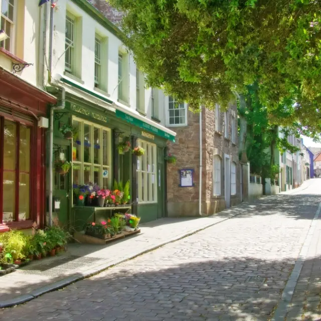 Kopfsteinpflasterstraße mit Geschäften und Bäumen gesäumt
