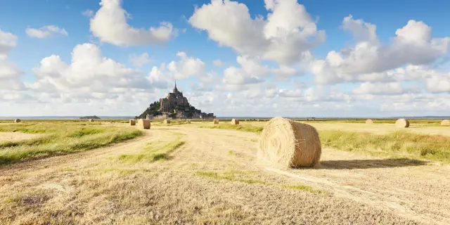 Mont Saint-Michel entouré de champs et de bottes de foin