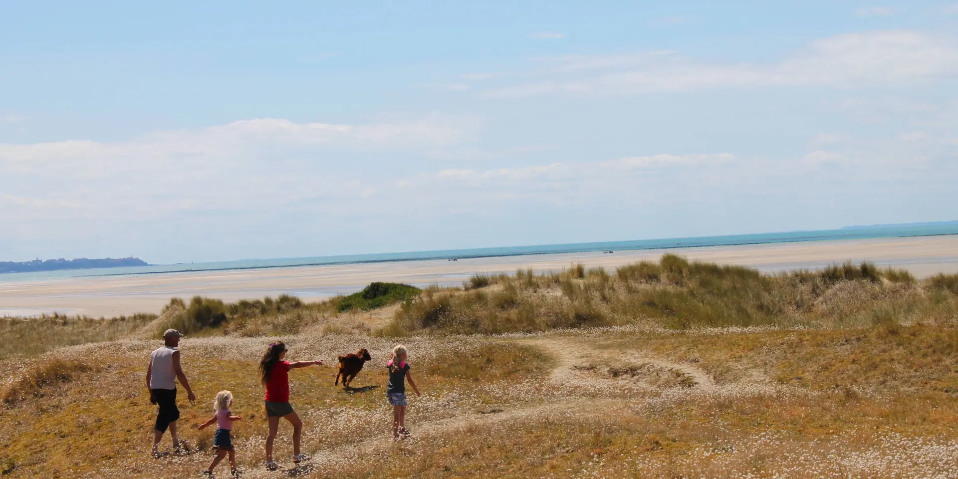 A family walks on a grassy hill near the sea