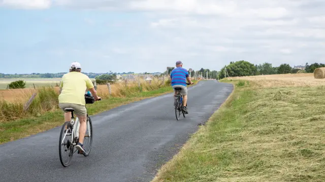 Deux cyclistes en tenue de sport roulant sur une route de campagne bordée d’herbe