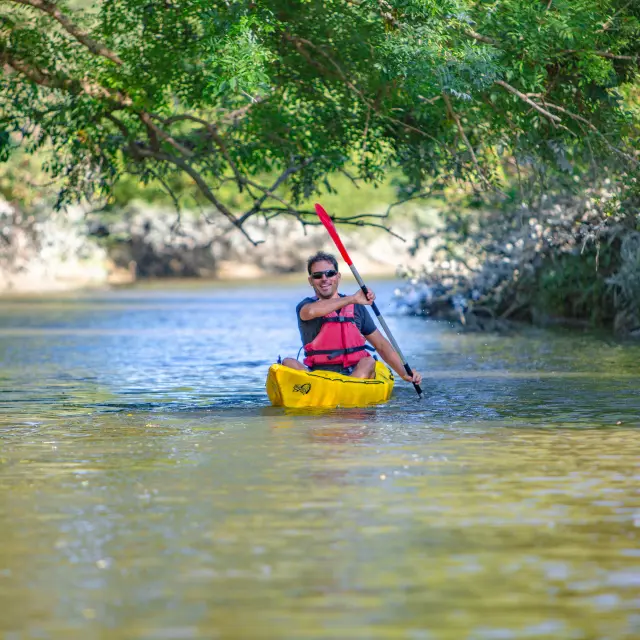 Personne en kayak jaune sur une rivière entourée d'arbres sur la Sienne