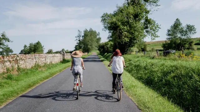 Deux personnes à vélo roulant sur une route de campagne entourée de verdure