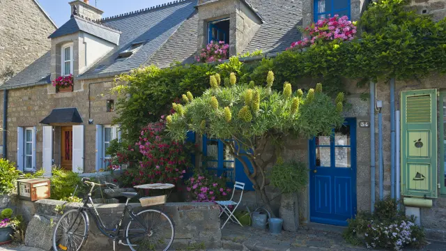 Stone house with flowers and climbing plants