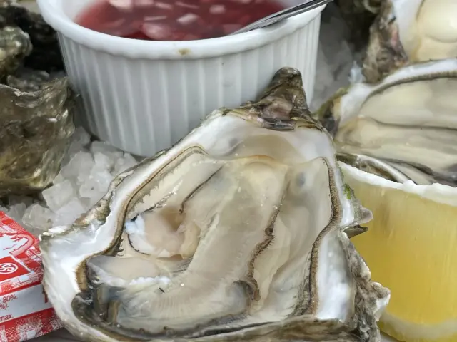 Huîtres servies sur un lit de glace pilée avec une sauce cocktail à côté