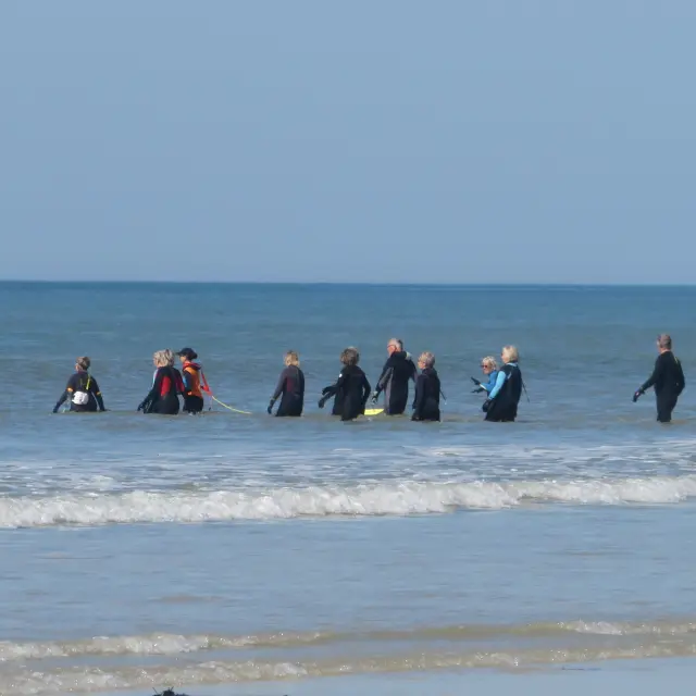 Groupe de personnes en combinaison de surf dans l'eau peu profonde
