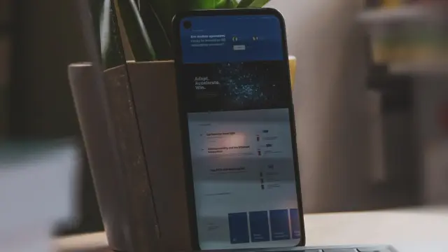 Un ordinateur portable ouvert avec un smartphone à côté et des plantes vertes en pot