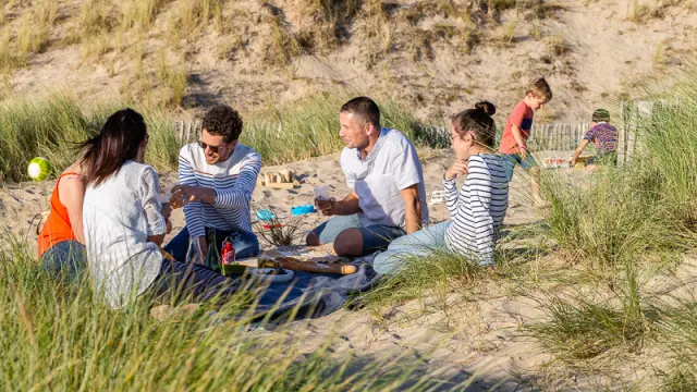 Un groupe de personnes pique-niquant sur une plage de sable