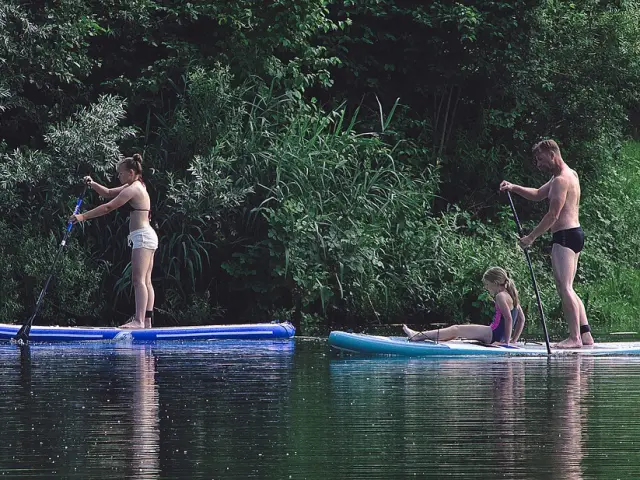 Trois personnes faisant du paddle sur un lac entouré de végétation