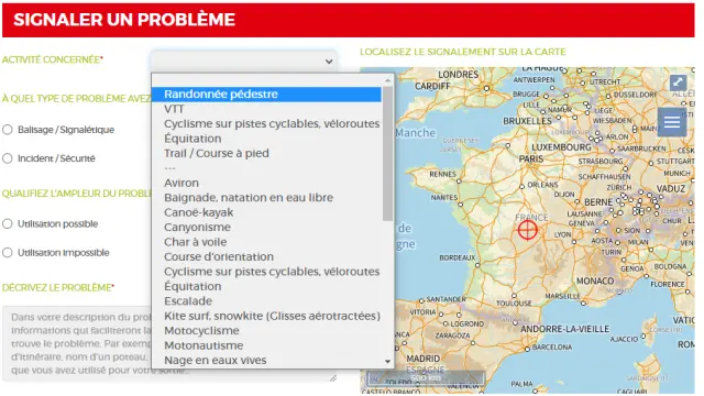 Formulaire de signalement de problème pour la randonnée pédestre