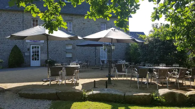 Terrasse de café en bord de port avec voiliers amarrés et bâtiments en arrière-plan