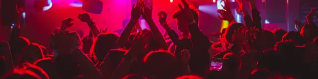 Une foule lève les mains en l'air lors d'un concert sous des lumières rouges et violettes.