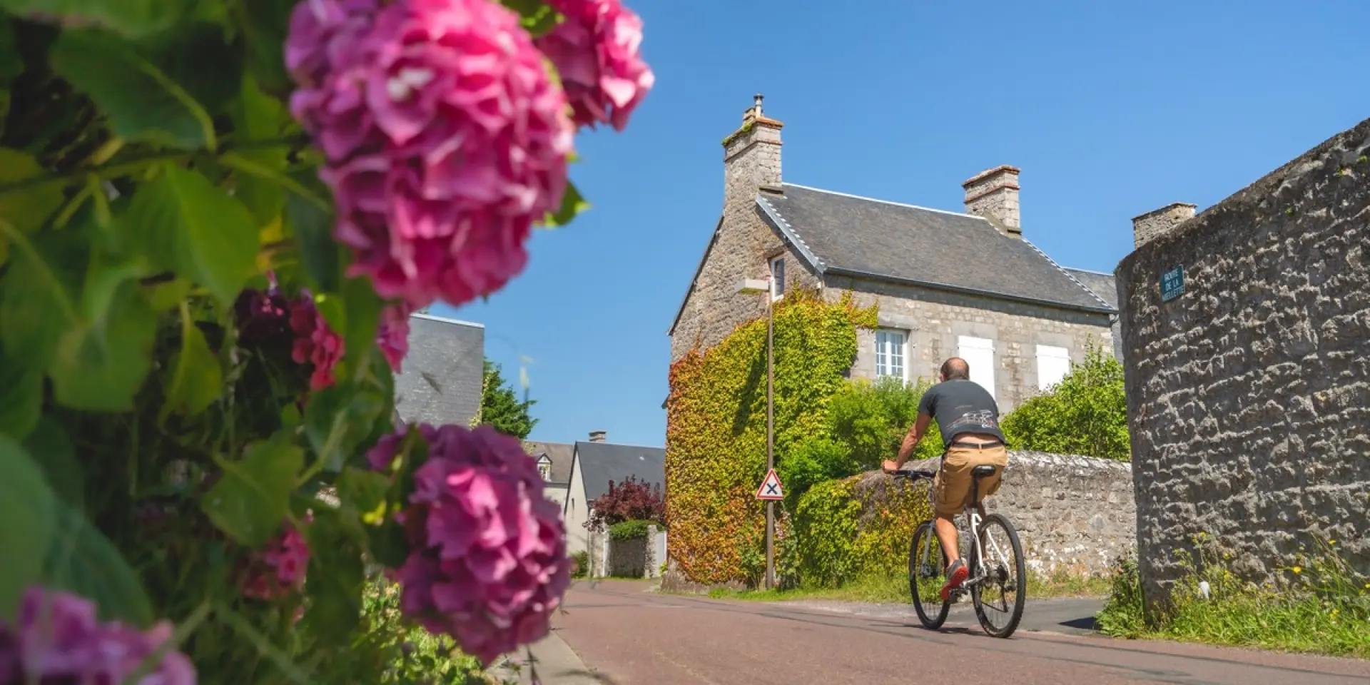 Un cycliste pédale sur une route de village entourée de fleurs roses et de maisons en pierre à Regnéville sur Mer