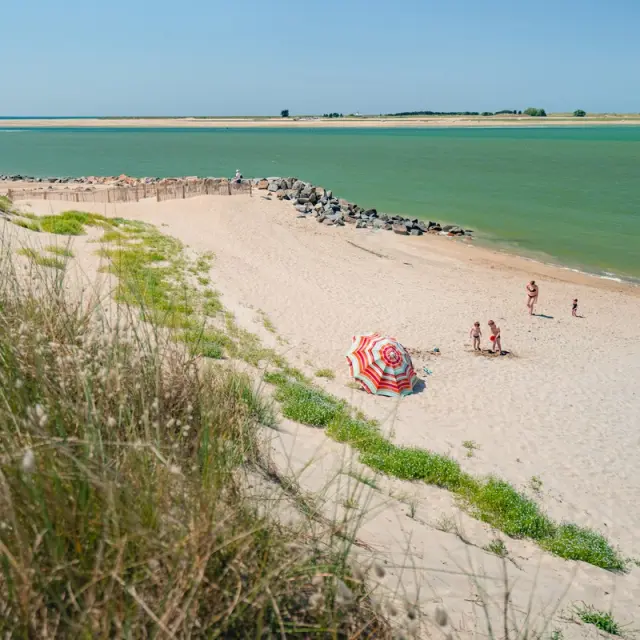 Beach with people playing frisbee, moored sailboats in the distance, and a cliff in the background