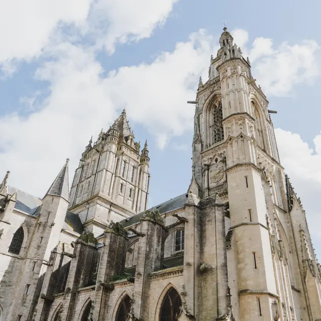 Façade d’une cathédrale gothique en pierre avec deux tours et des arcs-boutants
