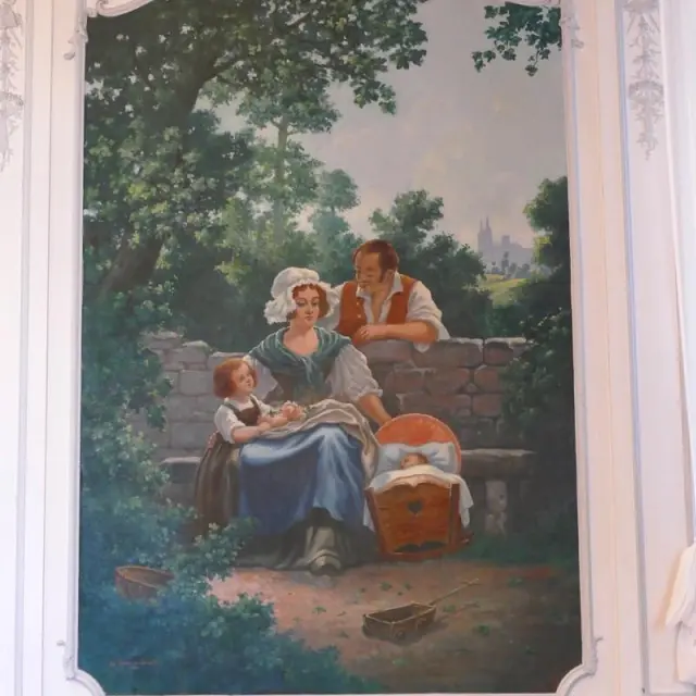 Une famille de trois personnes en promenade dans un paysage rural : salle des mariages de Coutances