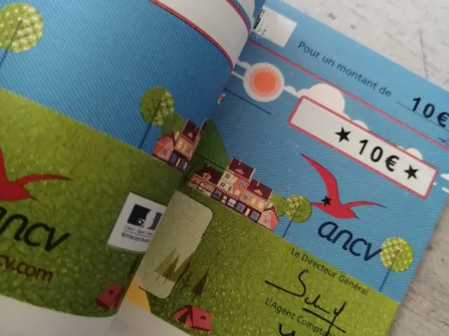 Pile de chèques-vacances ANCv avec des billets de 10 euros et des pièces de monnaie