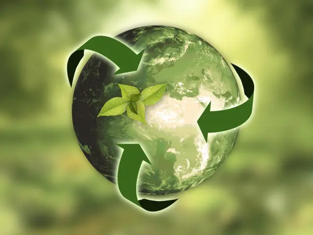 Globe terrestre avec une plante et des flèches de recyclage